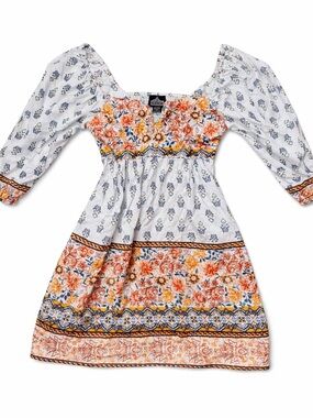 Angie Floral Tiered Dress in White, Orange and Blue